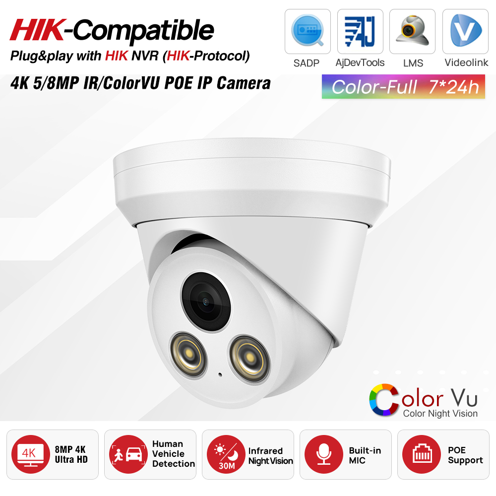 Hikvision Ip Camera 8Mp Dome - Telecamera IP PoE IR/ColorVu da 5MP/8MP